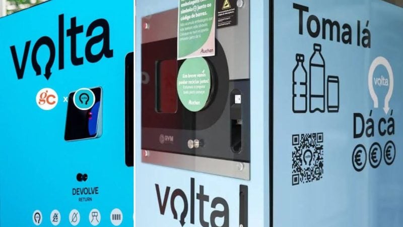 Imagem com máquina de devolução e chamada de serviço “volta”, com QR code e mensagem sobre transporte gratuito Porto, além de elementos de reciclagem. Texto: “Volta”, “Dá cá”.