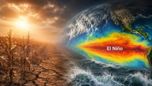 Imagem conceitual sobre el niño, com clima extremo: área seca rachada com plantações morrendo ao lado do planeta Terra e padrões de aquecimento no oceano indicados como “El Niño”.