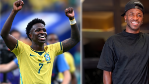 Vini Jr. em duas cenas, comemorando em campo com novo visual e sorrindo em uma foto promocional, em destaque para Procedimentos estéticos no futebol.