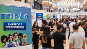 vagas de emprego campinas: Feirão de Emprego em Campinas: cartaz “Feirão Emprego e Oportunidades” ao lado de uma fila de pessoas em evento com várias oportunidades e vagas