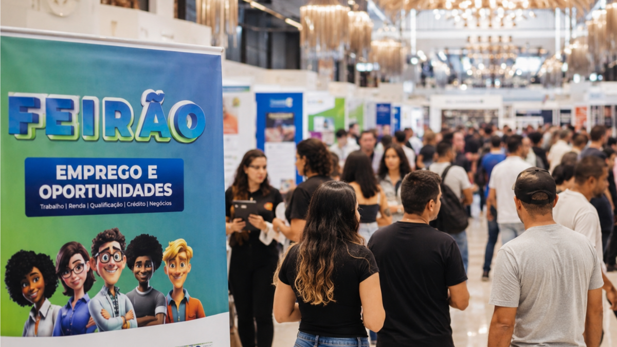 Banner do Feirão de emprego Campinas com destaque para “Emprego e oportunidades”, enquanto pessoas aguardam em fila em um evento de vagas em Campinas