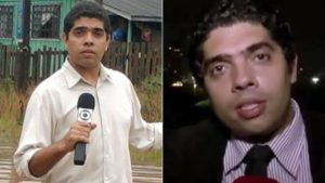 Jornalista Francisco de Assis aparece em imagens em entrevista, segurando um microfone em cena externa e em foto noturna, associado a notícia sobre resgate na Suíça.