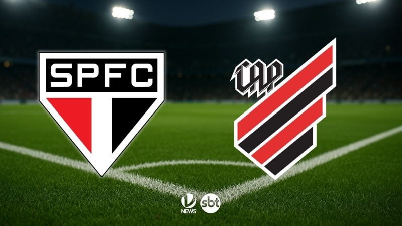 São Paulo x Athletico-PR: imagem com os escudos do SPFC e do Athletico-PR sobre o gramado de um estádio à noite, com iluminação de jogo