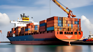 Navio cargueiro transportando contêineres em um porto, com destaque para o impacto da Tarifaço dos EUA de 25% contra o Brasil, que entra em vigor hoje