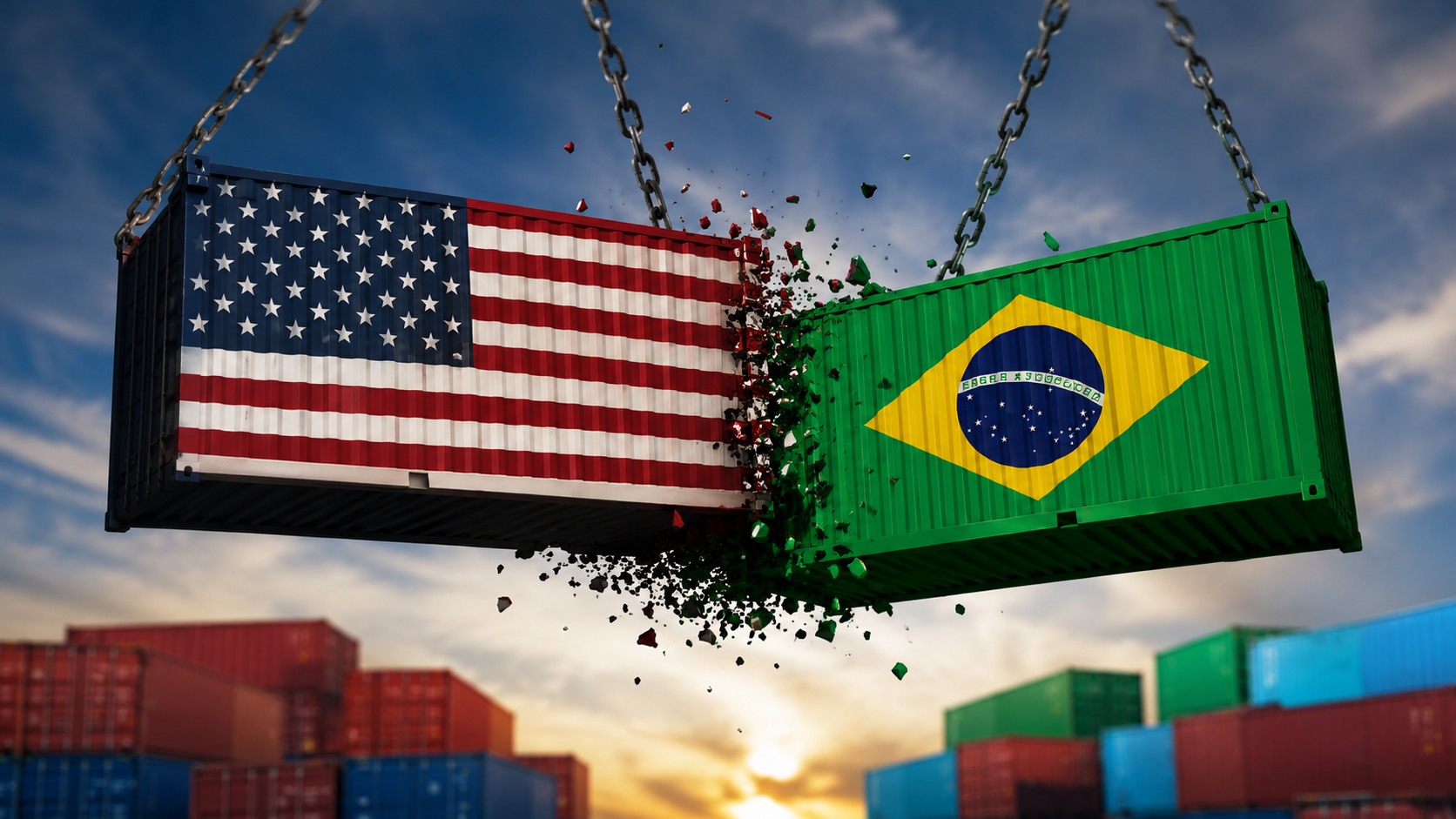 Contêineres em porto brasileiro; nova tarifa de 25% dos EUA sobre produtos nacionais passa a valer nesta quarta-feira (22)
