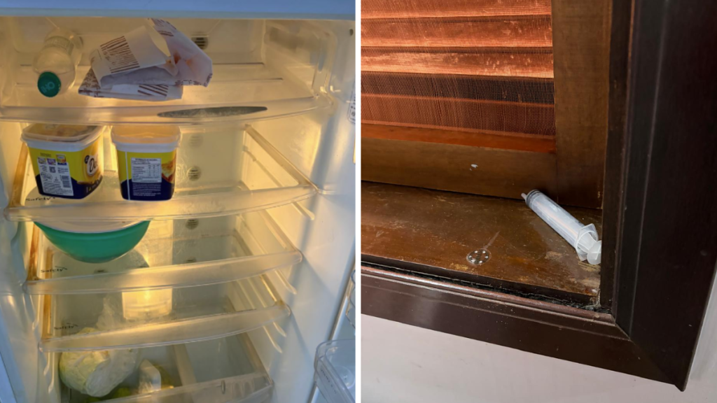 lar de idosos interditado em Campinas: Imagem mostra inspeção em instituição para idosos: geladeira com poucos alimentos e recipientes e, ao lado, ambiente com sujeira e objetos no chão e janela/armário, indicando condições inadequadas. Fiscalização encontrou falta de alimentos e sujeira.