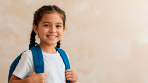 Segundo semestre letivo começa para alunos da rede municipal de Campinas: menina sorridente com mochila azul em sala de aula, em imagem promocional de volta às aulas.