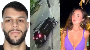 Imagem em composição com retrato de um homem, veículo em foto de acidente na estrada e uma mulher ao fundo, relacionada ao caso de MP denunciando motorista embriagado. morte de motorista em guarujá