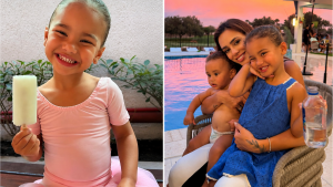 Imagem em duas cenas: em uma, uma menina sorrindo segura um picolé na mão; na outra, Bruna Biancardi aparece abraçando duas crianças em área externa com piscina ao fundo, em clima de fim de tarde. Mavie quebra o detox de doces e Bruna Biancardi admite: "Difícil dizer não"