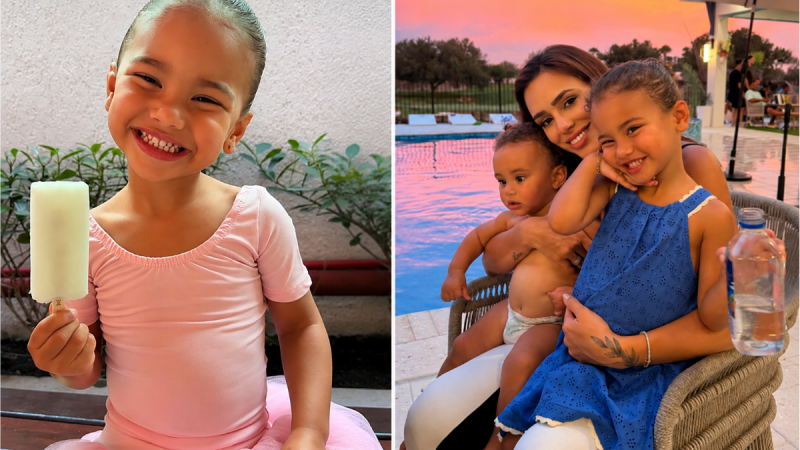 Imagem em duas cenas: em uma, uma menina sorrindo segura um picolé na mão; na outra, Bruna Biancardi aparece abraçando duas crianças em área externa com piscina ao fundo, em clima de fim de tarde. Mavie quebra o detox de doces e Bruna Biancardi admite: "Difícil dizer não"