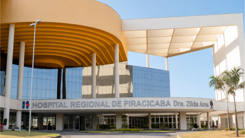 Cirurgias oncológicas Piracicaba: Fachada do Hospital Regional de Piracicaba com identificação “Dra. Zilda Arns”, destacando informação sobre crescimento de cirurgias oncológicas e cardíacas na região de Piracicaba.