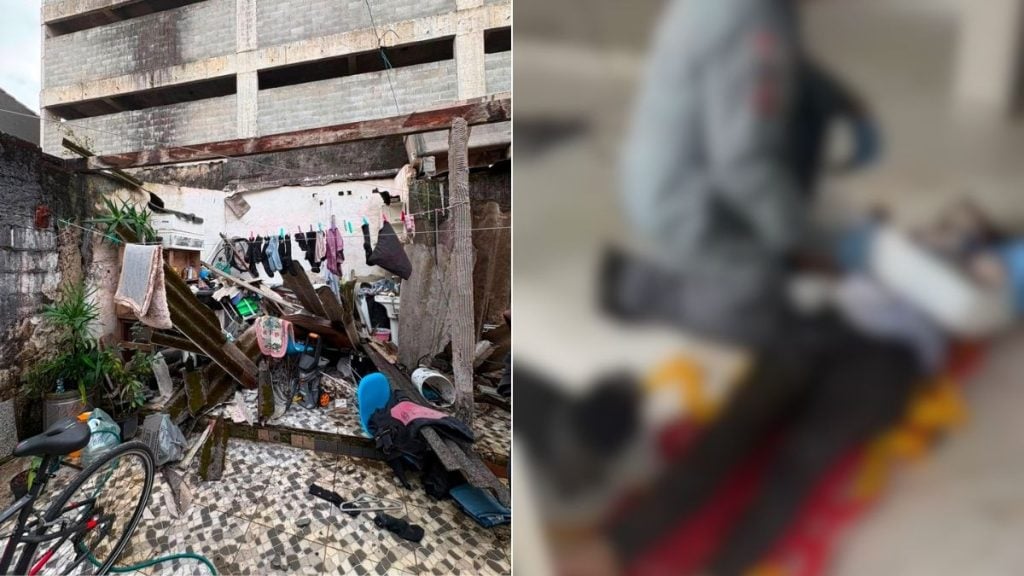 queda de muro em praia grande: área residencial com estrutura de obra danificada e paredes derrubadas após ventos fortes, com objetos espalhados no chão e peças quebradas