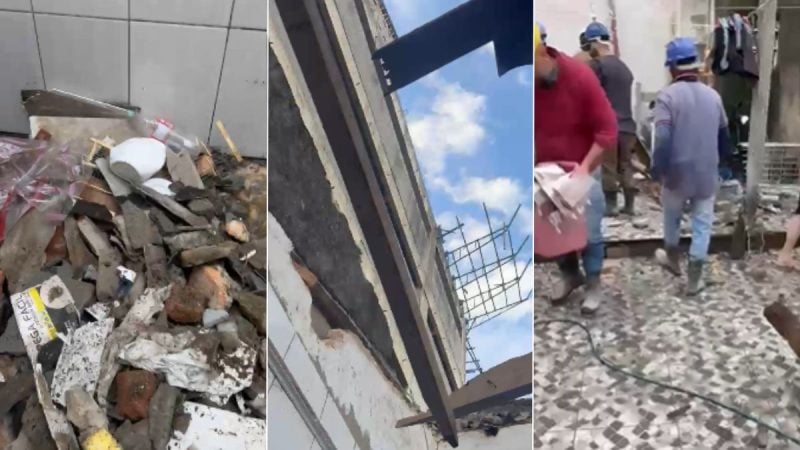 queda de muro em praia grande: Imagem em três painéis mostra entulho e estrutura danificada após queda de muro, com pessoas em área de resgate e policiamento; construtora cita ventania em Praia Grande.