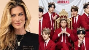Pietra Bertolazzi ao lado de imagem promocional do BTS, com cenário temático de trajes formais vermelhos e coroas, sugerindo polêmica com fãs.