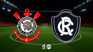 Corinthians x Remo em destaque no estádio, com escudos dos times no centro da imagem e marcadores visuais de transmissão ao vivo.