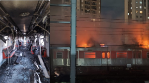 Trem pega fogo na região do Brás, no centro de São Paulo: composição ferroviária com chamas visíveis e imagens do interior e da lateral do vagão em chamas.