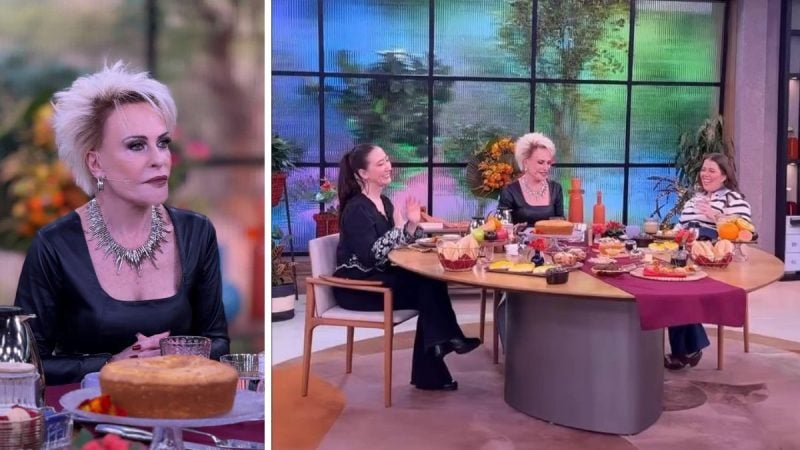 Ana Maria Braga em programa de culinária ao vivo, com bancada e ingredientes, enquanto participa de uma degustação na TV.