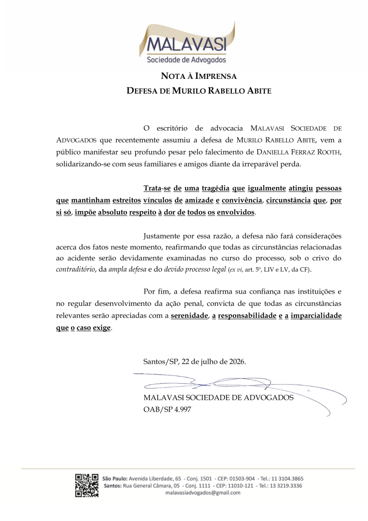 morte de nutricionista no Guarujá: Documento de nota à imprensa com o logotipo MALAVASI Sociedade de Advogados, texto sobre defesa de Murilo Rabello Abite e lamentação pelo falecimento de Danielle Ferraz Rooth.