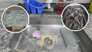 ClÃ­nica odontolÃ³gica Ã© interditada por falta de licenÃ§a em Campinas; bancada com materiais e instrumentos cirÃºrgicos odontolÃ³gicos, com zoom em utensÃ­lios e luvas descartadas.