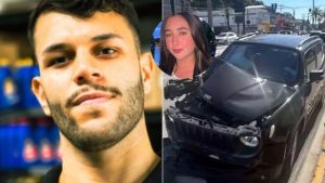 Colagem com foto de um homem em primeiro plano e uma mulher em foto circular ao lado de um carro danificado, em reportagem sobre morte de nutricionista no Guarujá.