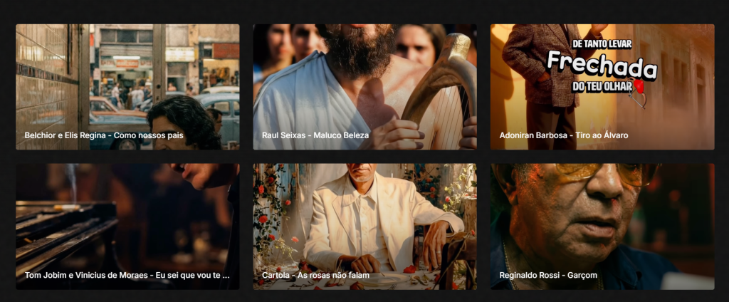 clipes de MPB com Inteligência Artificial: montagem publicitária com seis cenas que recriam clássicos da música brasileira em curtas-metragens, incluindo “Raul Seixas – Maluco Beleza”, “Adoniran Barbosa – Tiro ao Álvaro”, “Cartola – As rosas não falam” e “Reginaldo Rossi – Garçom”.