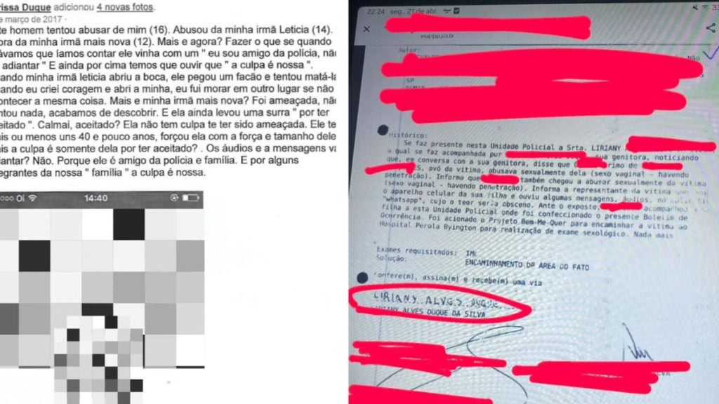 Vítima de abusos: recorte de notícia com imagens desfocadas e documento do TJ-SP envolvendo Heloísa, que pede exclusão de filiação materna no registro civil.
