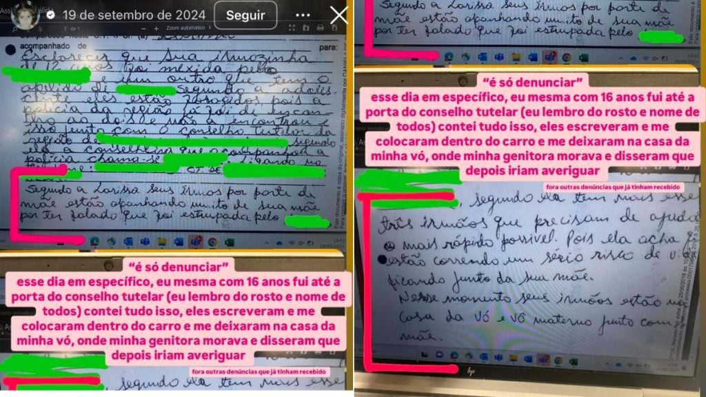 vítima de abusos: Vídeo mostra anotações manuscritas em folhas de caderno, com trechos destacados em cores, relacionadas a denúncias e depoimentos sobre abuso familiar e busca por apoio jurídico.