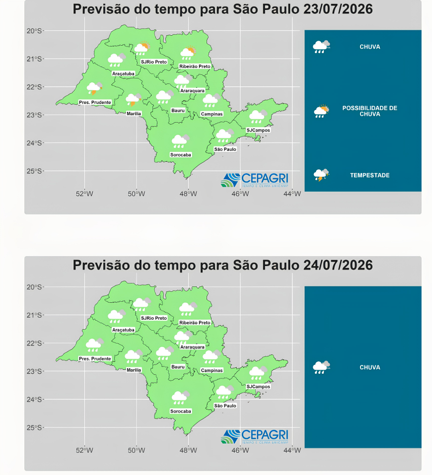 Mapa de previsão do tempo para São Paulo em 23/07/2026 e 24/07/2026, com nebulosidade e indicação de chuva, mostrando a entrada da Frente fria e registro do CEPAGRI.