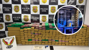 carreta com maconha: Foto da Polícia Civil mostrando grande quantidade de maconha apreendida em carreta, com a carga em tabletes e detalhe dos fardos em veículo durante operação no interior de SP.