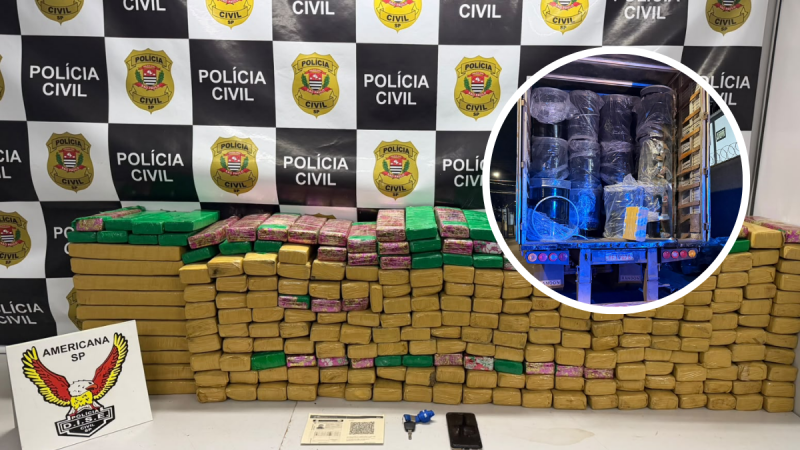 carreta com maconha: Foto da Polícia Civil mostrando grande quantidade de maconha apreendida em carreta, com a carga em tabletes e detalhe dos fardos em veículo durante operação no interior de SP.