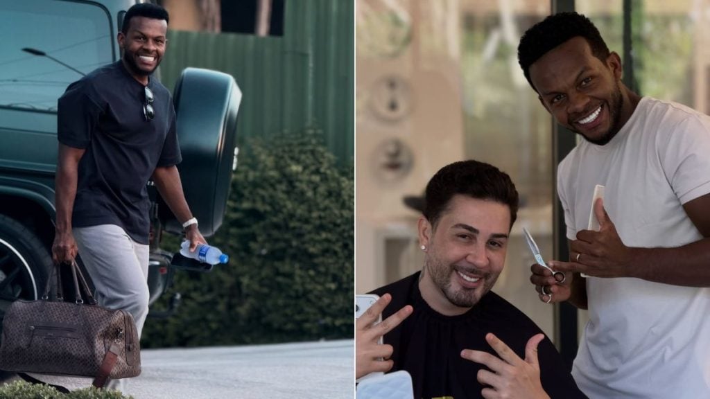 Barbeiro de Lucas Guimarães aparece atendendo clientes, sorrindo e fazendo o corte de cabelo em imagens externas, em clima descontraído, com tesoura.