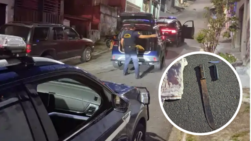 Cena de rua com carros e policiais ao fundo, com detalhe em círculo de uma ferramenta metálica e uma pá usadas no caso de Briga familiar em Bragança; filho diz ter defendido a mãe.