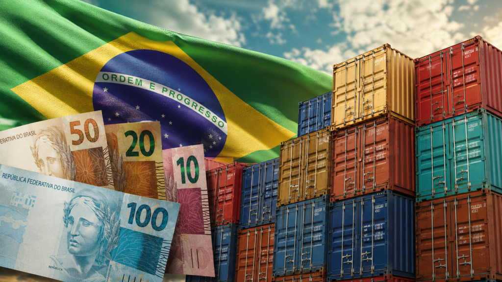 Plano Brasil Soberano 3: Bandeira do Brasil ao fundo e contêineres de carga ao lado de cédulas brasileiras, representando pacote do Governo federal de R$ 18,5 bilhões para apoiar empresas afetadas por tarifas dos EUA.