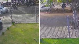 Vídeo flagra motos furtadas em frente à EsPCEx em Campinas, mostrando duas tentativas de roubo em área externa com cerca e pessoas ao fundo