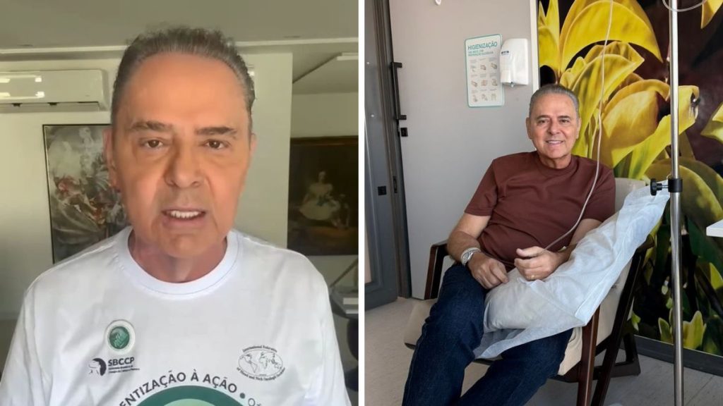 Luis Roberto aparece em dois registros: em vídeo falando em primeiro plano e, em outra imagem, sentado em uma cadeira com sinais de recuperação após tratamento contra câncer, destacando a mensagem “Informação salva vidas”.