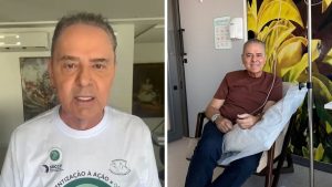 Luis Roberto aparece em dois registros: em vídeo falando em primeiro plano e, em outra imagem, sentado em uma cadeira com sinais de recuperação após tratamento contra câncer, destacando a mensagem “Informação salva vidas”.