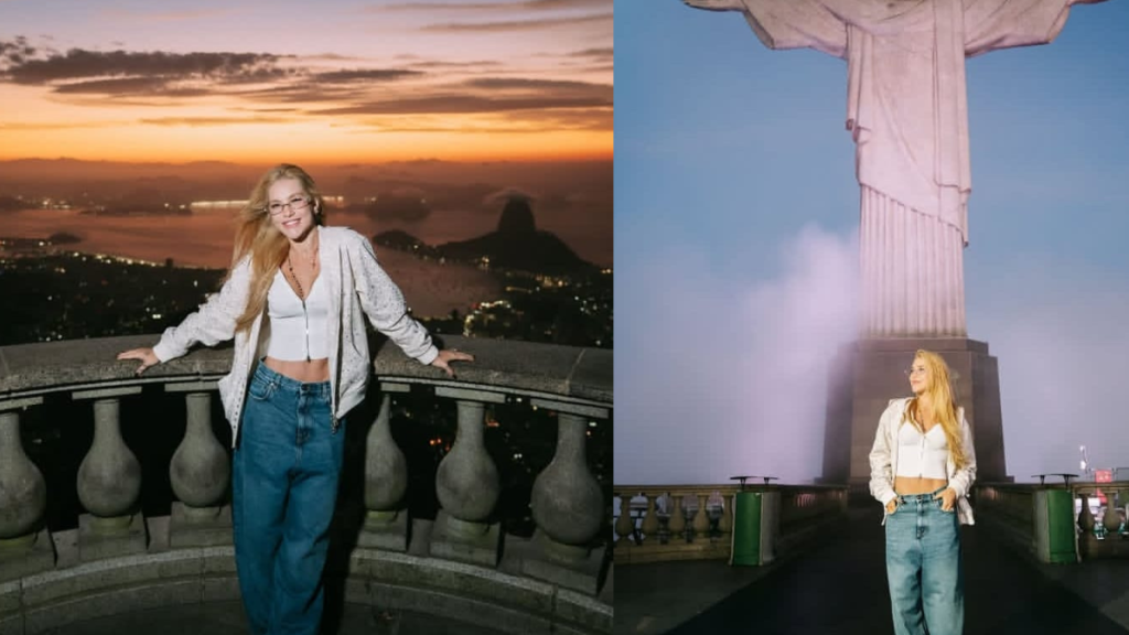 Virginia e Vini Jr: Influenciadora Virginia Fonseca posa em visita ao Cristo Redentor no Rio de Janeiro ao pôr do sol, em fotos no mirante com vista da cidade.