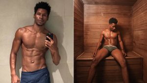 Nu frontal de Breno Ferreira em fotos de espelho e em sauna, com imagem dividida em dois quadros, destacando o ator sem camisa na série da Globoplay