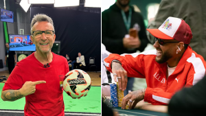 Neymar Neto em imagens lado a lado: um aparece em estúdio com camisa vermelha e bola de futebol, e outro em evento de pôquer de chapéu vermelho, em clima de conversa e tensão após críticas.