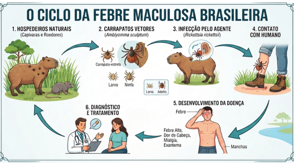 Febre maculosa em Campinas e Piracicaba: Infográfico sobre o ciclo da febre maculosa brasileira, com etapas de hospedeiros naturais, carrapatos vetores, infecção, contato com humanos, diagnóstico e desenvolvimento dos sintomas, como febre e manchas. Texto: “O ciclo da febre maculosa brasileira”.