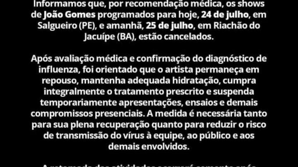 Comunicado de cancelamento dos shows de João Gomes após internação para tratamento contra influenza, com texto sobre cancelamentos e orientação médica