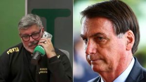 Collagem com Alexandre Frota ao vivo no estúdio falando ao telefone e uma imagem de Jair Bolsonaro, sugerindo climão durante a ligação ao vivo