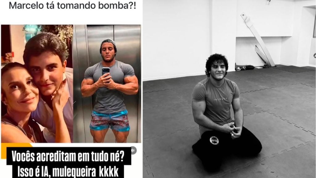 Foto à esquerda: Inteligência artificial e a seguir uma publicada nas redes para mostrar sua evolução no jiu-jitsu