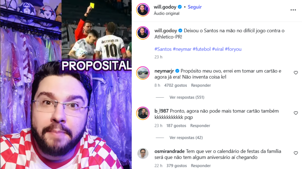 Neymar aparece em uma captura de tela de rede social com comentário e hashtags, ao lado de imagem em evento, em formato de postagem e resposta. Foto: Reprodução.