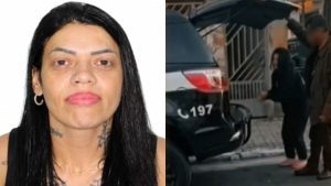 Imagem em divisão mostra foto de identificação de uma mulher suspeita e, em seguida, uma cena externa com policiais próximos a um veículo em uma operação. A Justiça determinou a soltura ligada ao caso “Boa Noite, Cinderela”.
