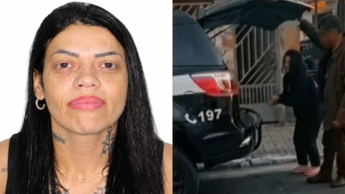 Imagem em divisão mostra foto de identificação de uma mulher suspeita e, em seguida, uma cena externa com policiais próximos a um veículo em uma operação. A Justiça determinou a soltura ligada ao caso “Boa Noite, Cinderela”.
