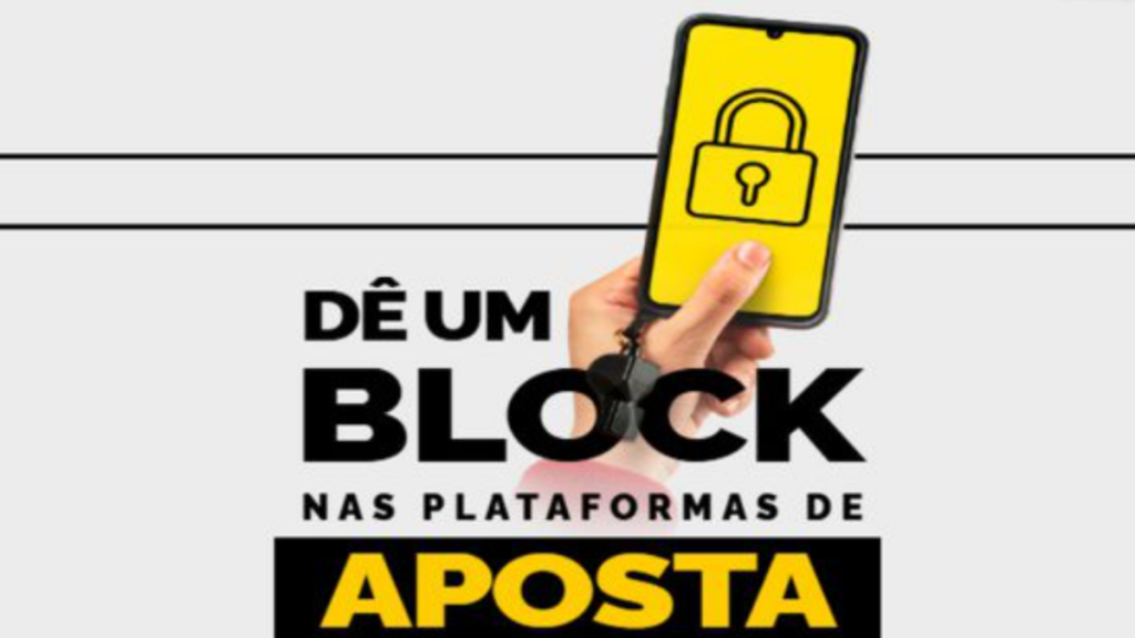 Campanha nacional com alerta sobre Riscos das apostas online: pessoa segura um celular com ícone de cadeado e mensagem “Dê um block nas plataformas de aposta”, destacando orientação do SUS para saúde mental.