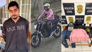 Homem encontrado dentro cama box no litoral de SP, aparece em três registros: em foto de identificação, ao lado de uma motocicleta e em sala com agentes da Polícia Civil e itens apreendidos.
