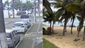 Carro capota e atravessa calçadão em Praia Grande, derrubando coqueiro: imagens mostram veículos e árvores após o acidente em via próxima à orla (vídeo).