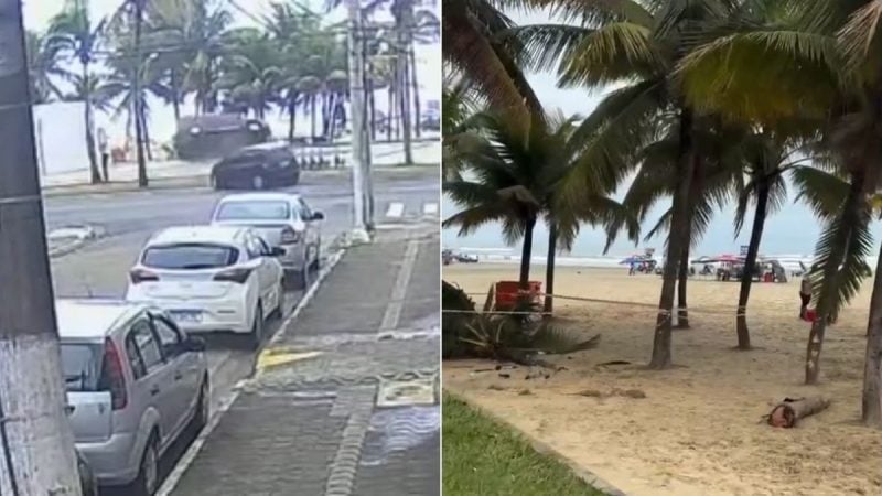 Carro capota e atravessa calçadão em Praia Grande, derrubando coqueiro: imagens mostram veículos e árvores após o acidente em via próxima à orla (vídeo).